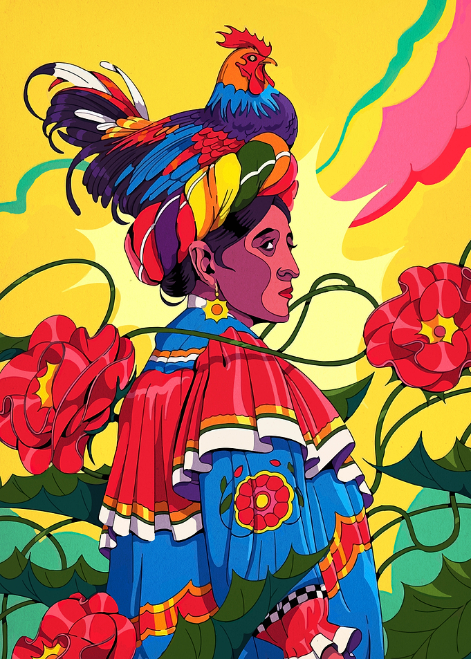 Woman with Rooster Headdress and Flowers