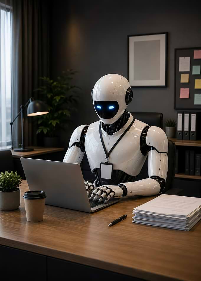 Robot working on a laptop in an office