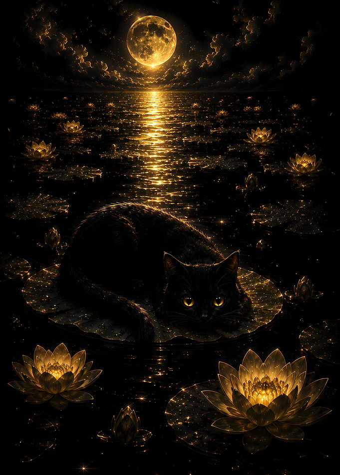 Black Cat on Lily Pad Under Full Moon