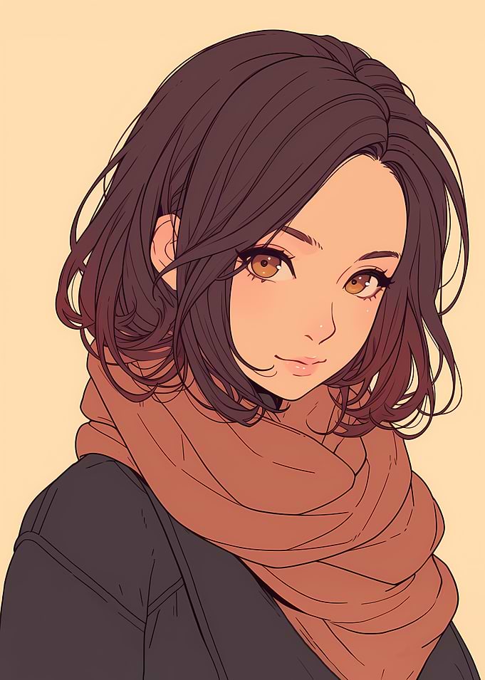 Minimalist Cozy Winter Anime Scarf Girl Portrait