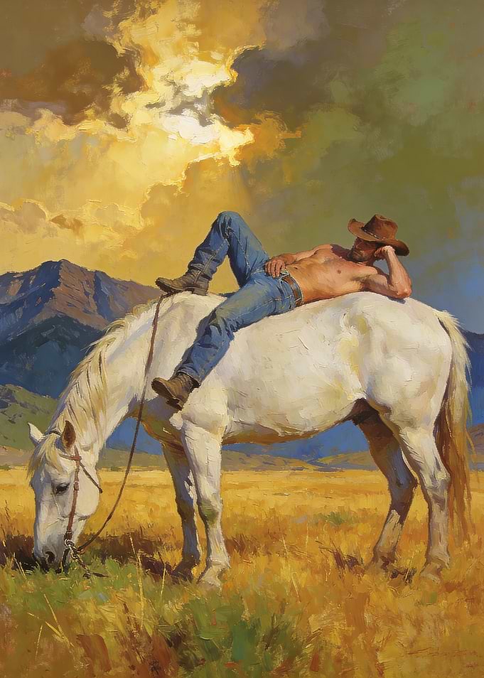 Cowboy Resting on Horse in Field