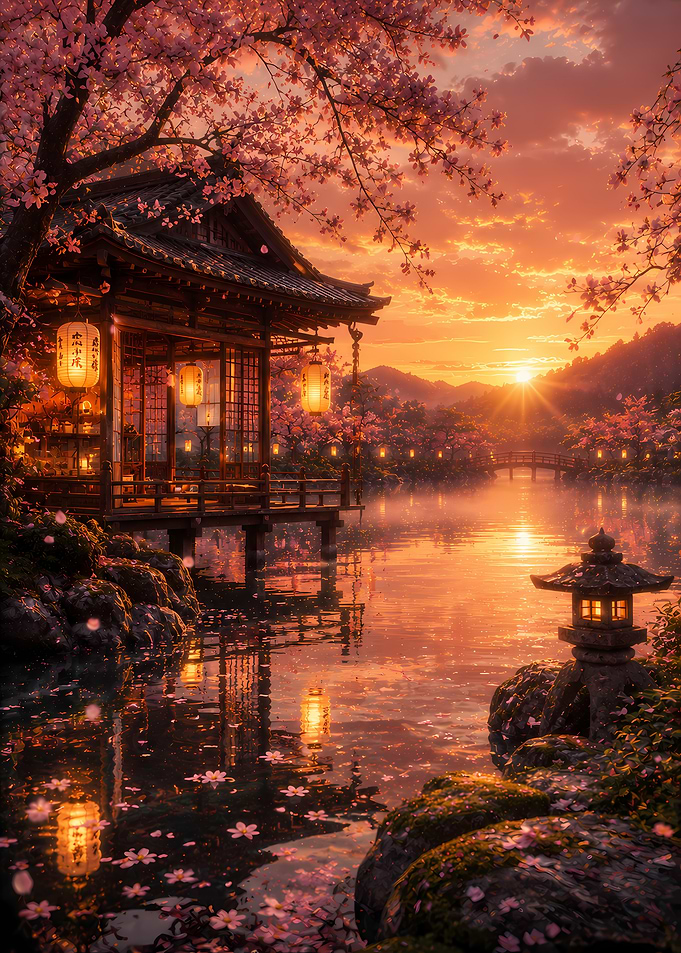 Serene Japanese Garden at Sunset