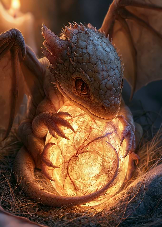 Baby Dragon with Glowing Egg