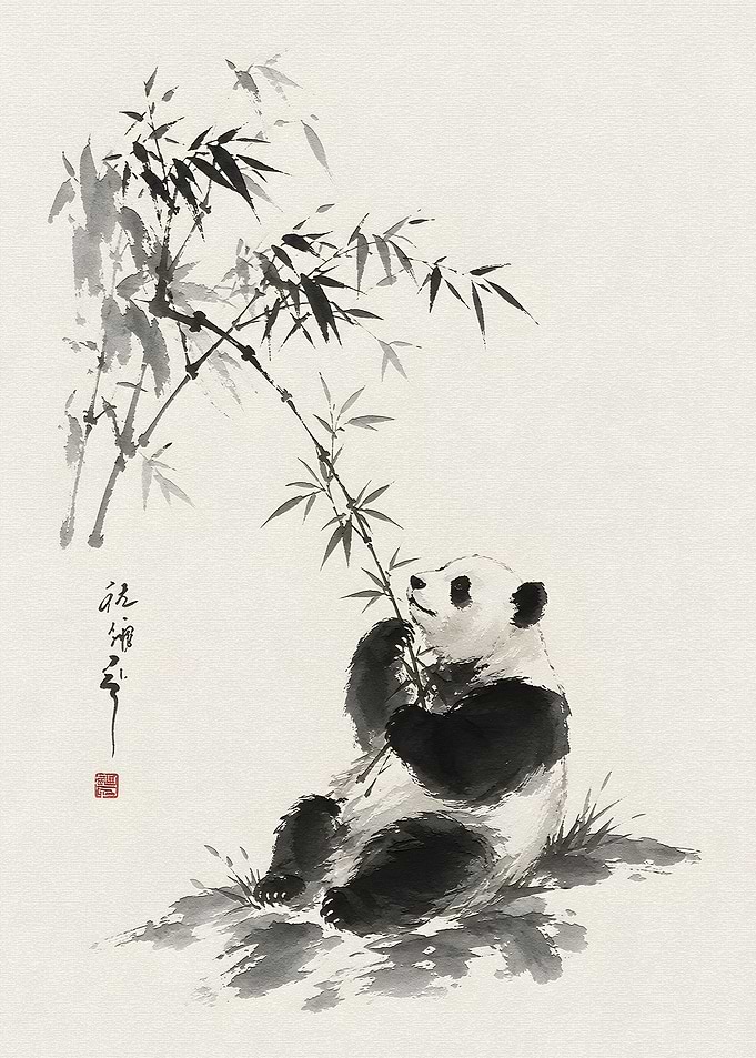 Panda Eating Bamboo in Sumi-e Style