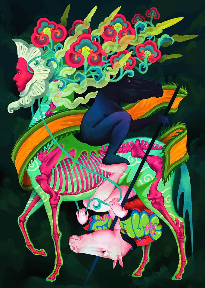 Surreal Horse Skeleton with Rider and Pig