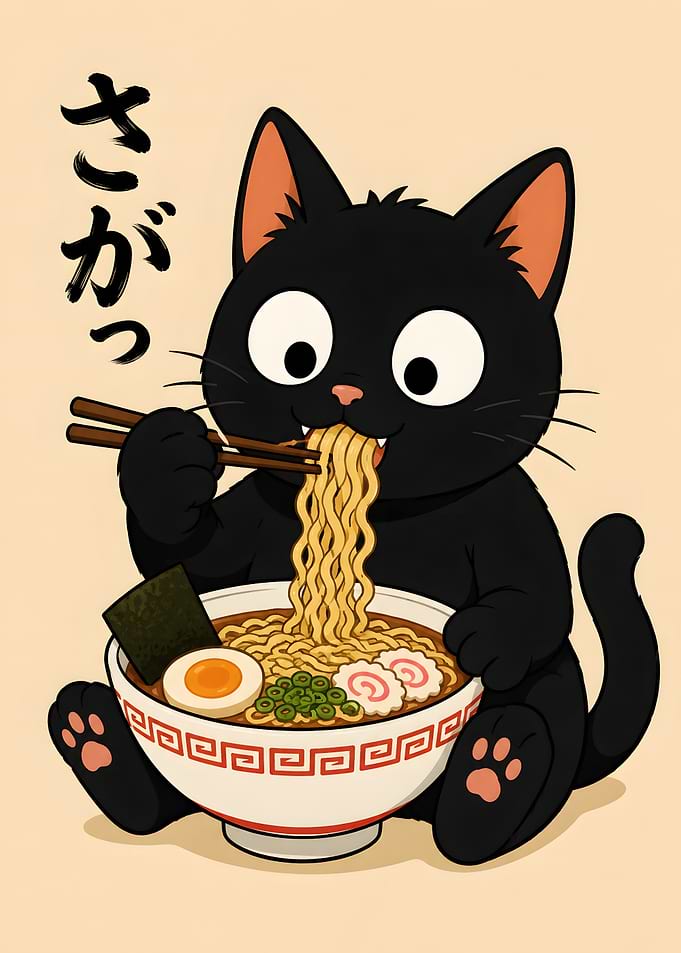 Black Cat Eating Ramen