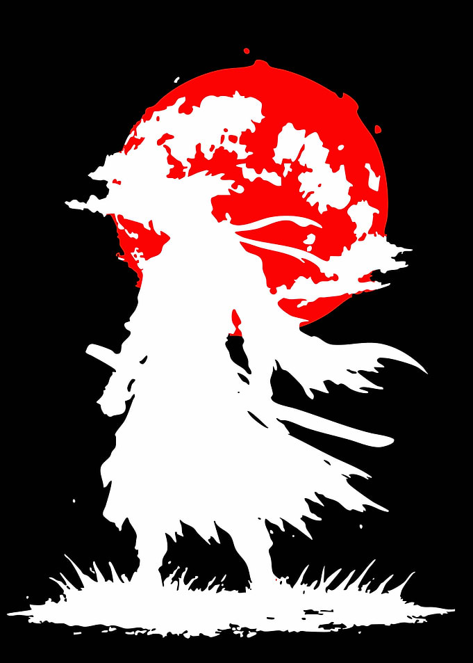 Samurai Silhouette Under Red Moon