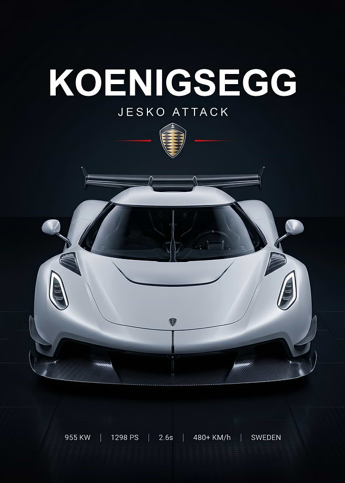sleek white Koenigsegg Jesko Attack car poster