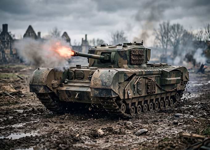 Tank Firing in Muddy Battlefield