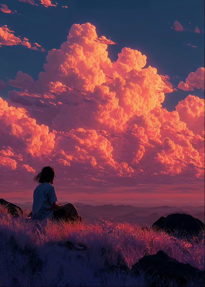 Person watching sunset clouds from a hill