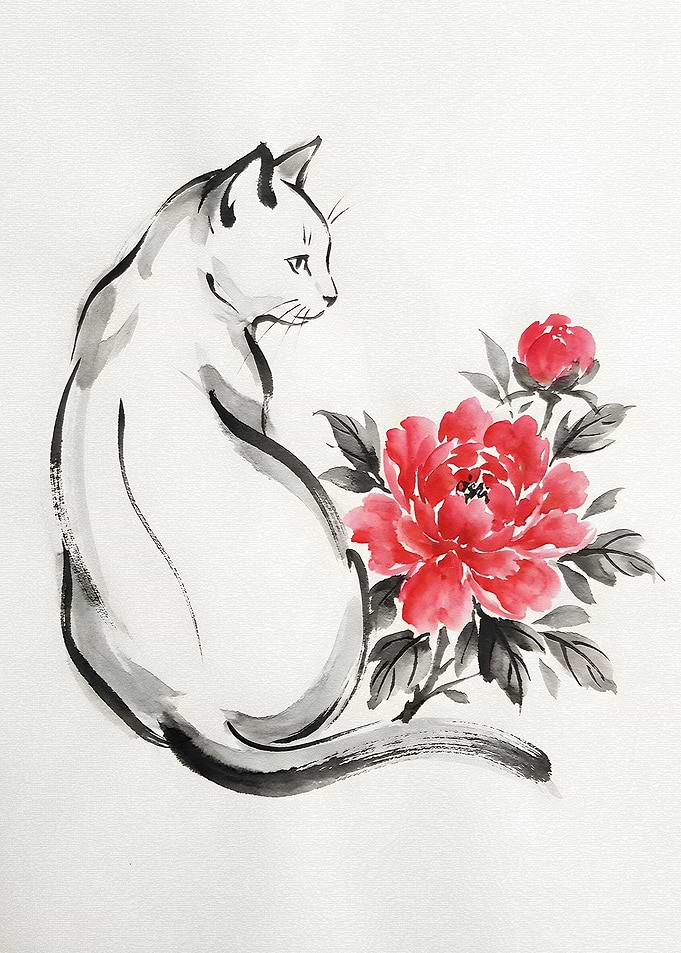 Ink Cat and Peony Painting