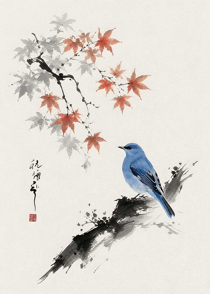 Blue Bird on Branch with Maple Leaves