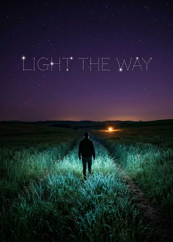 Man walking towards light in starry night
