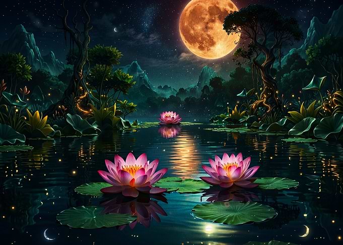 Enchanting Nighttime Lotus Pond