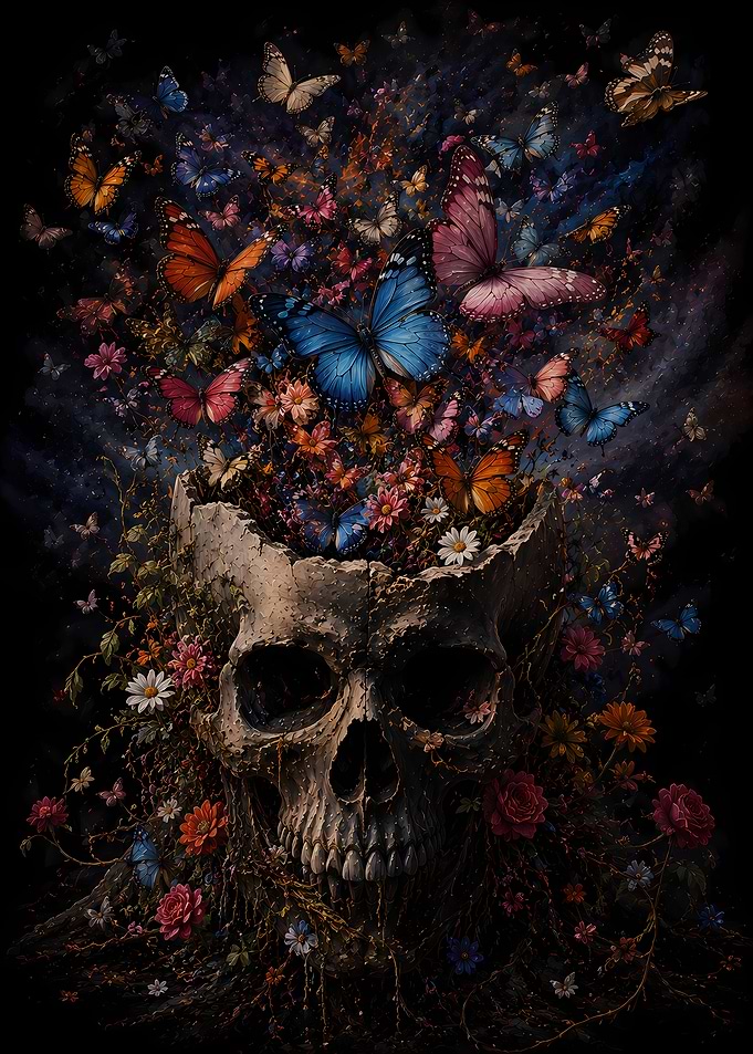 Skull with Butterflies and Flowers