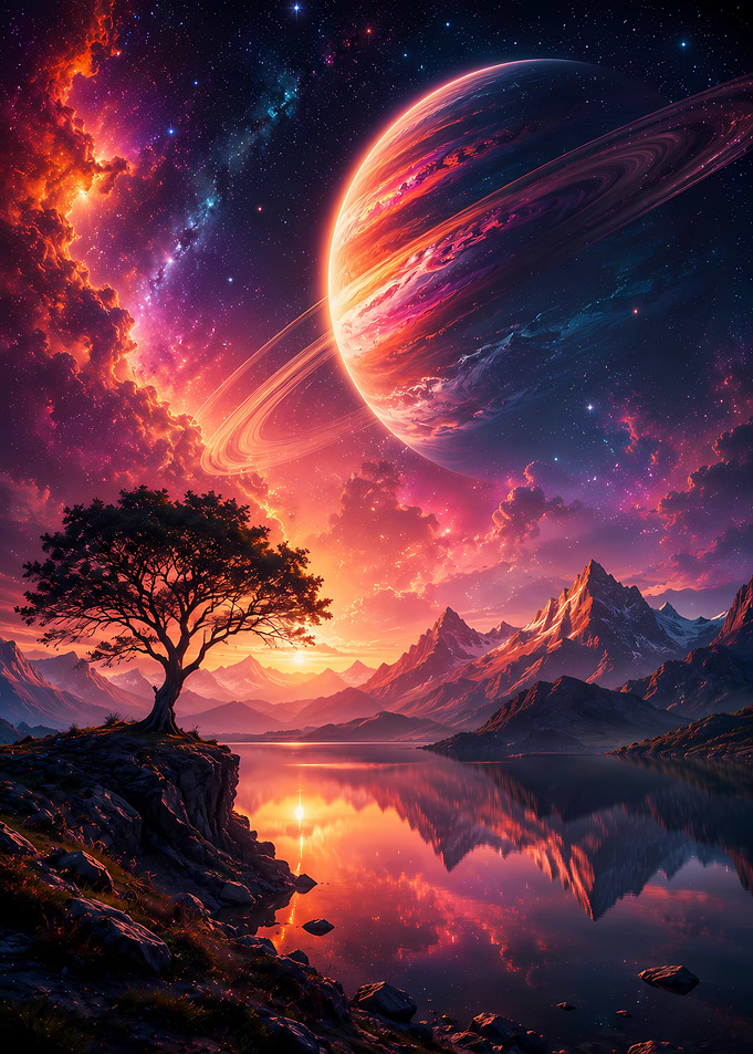Cosmic Landscape with Planet and Tree