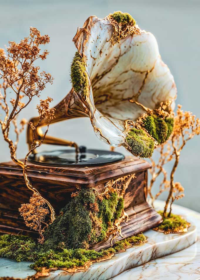 Marble Gramophone covered with Moss