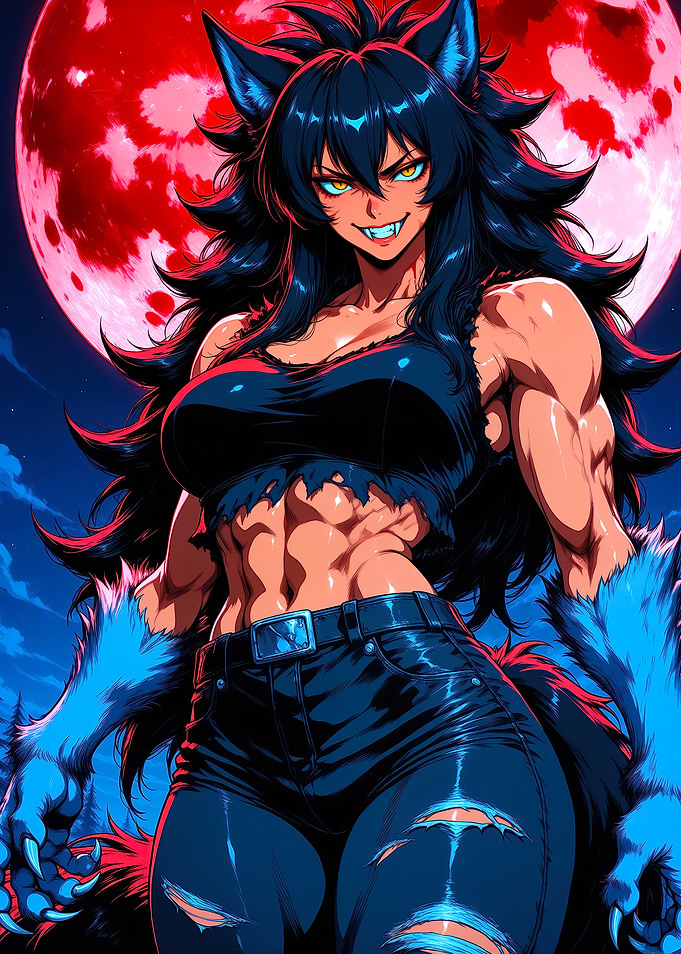 Werewolf Woman Under Red Moon