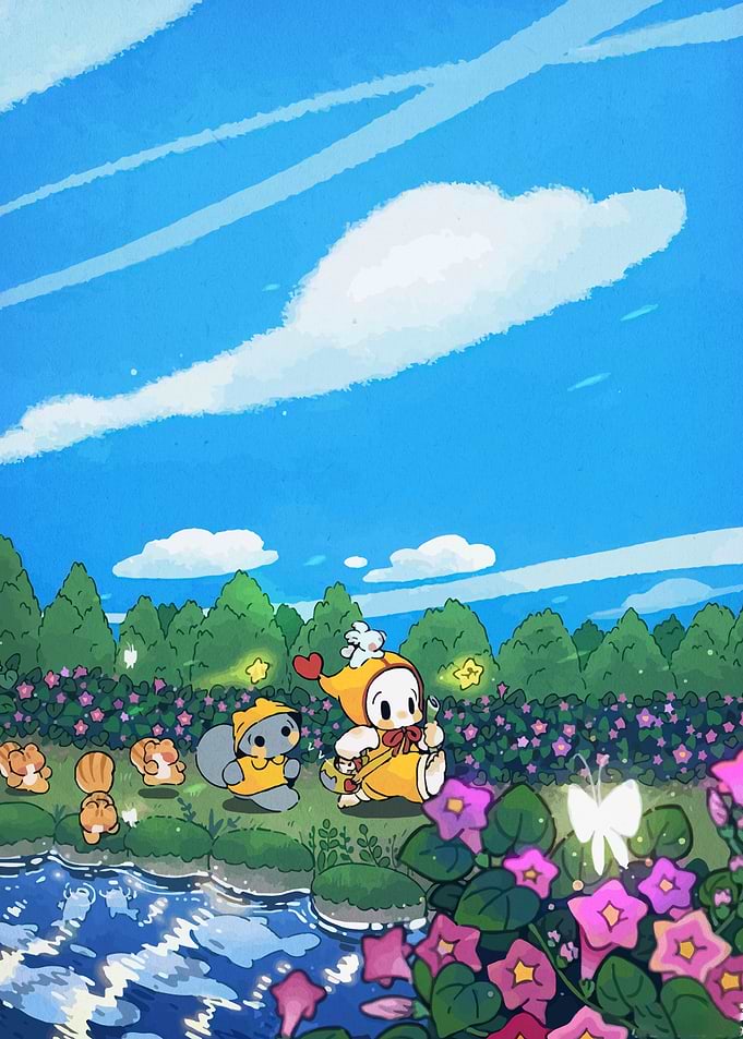 Cute characters in a floral meadow