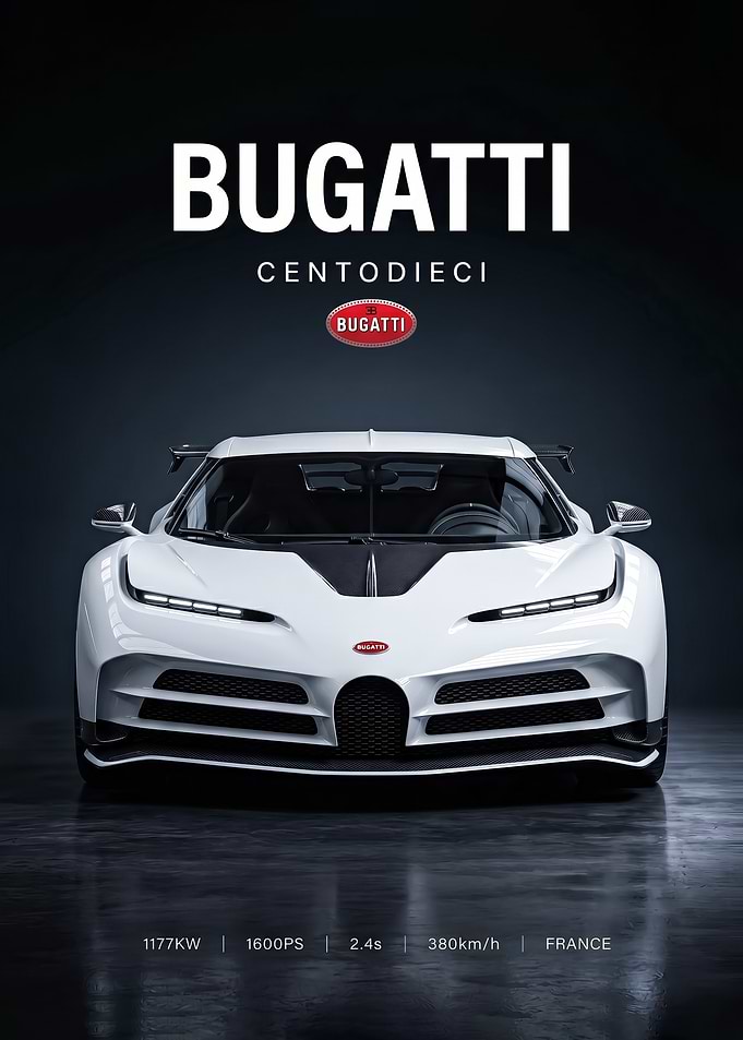 sleek white bugatti centodieci Hypercar poster