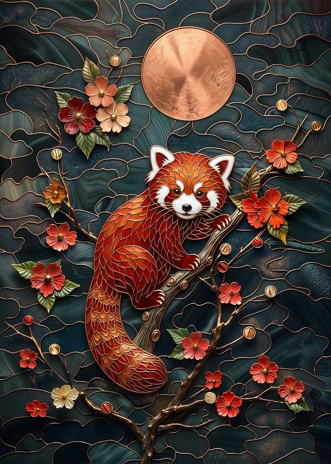 Red Panda on a Floral Branch
