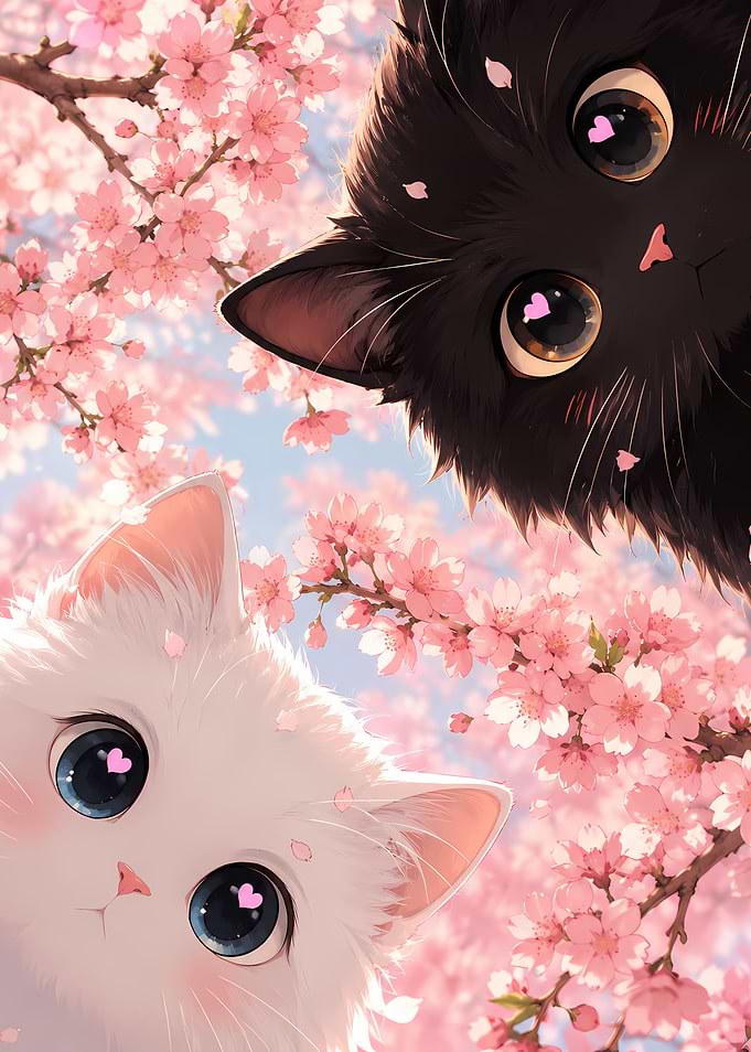 Cute Cats Among Cherry Blossoms