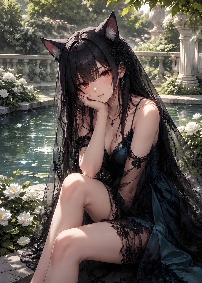 Anime Girl with Cat Ears in Garden