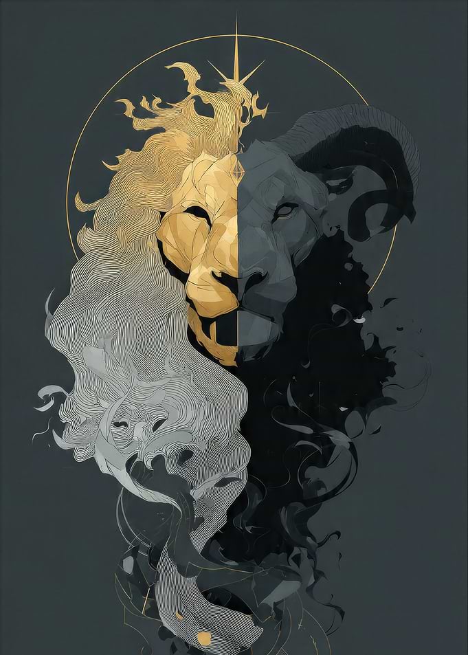 Dual-Faced Lion with Gold and Black Halves