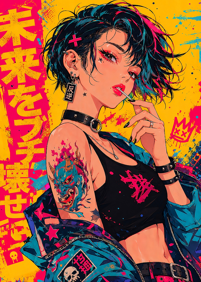 Neon Punk Anime Girl Japanese Streetwear