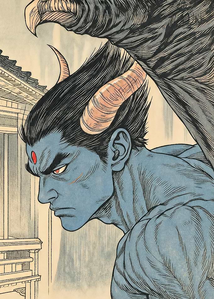 Blue Demon with Horns and Red Third Eye