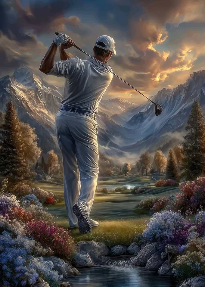 Golfer Swinging in Mountain Landscape