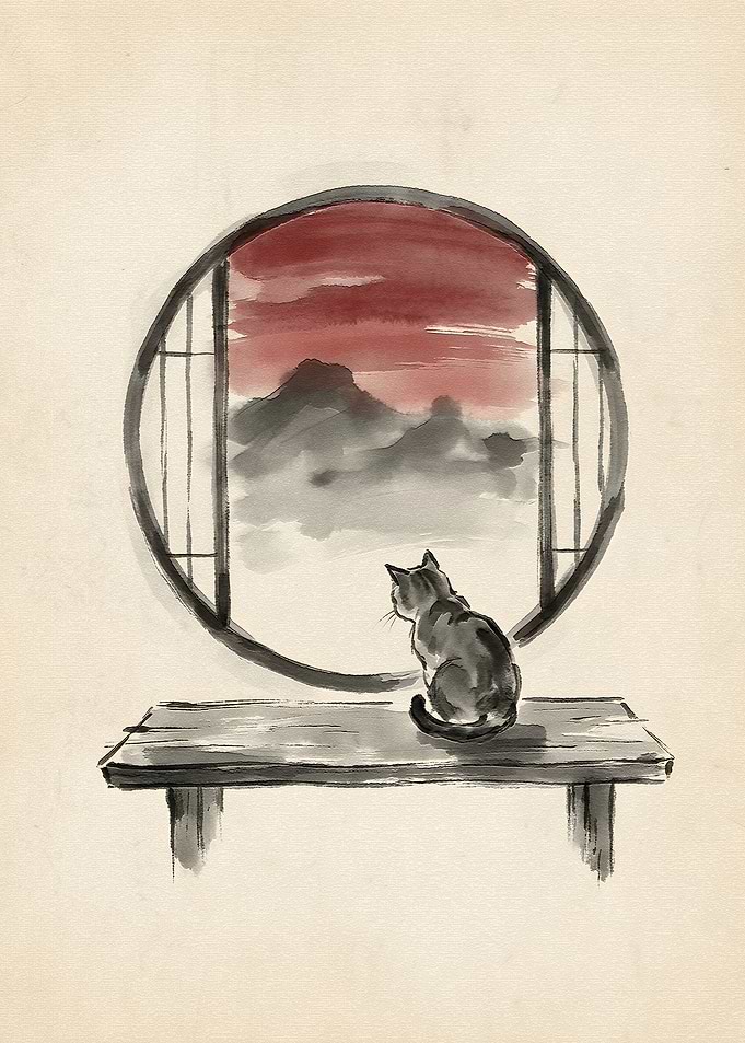 Cat Gazing at Mountain Sunset Through Window