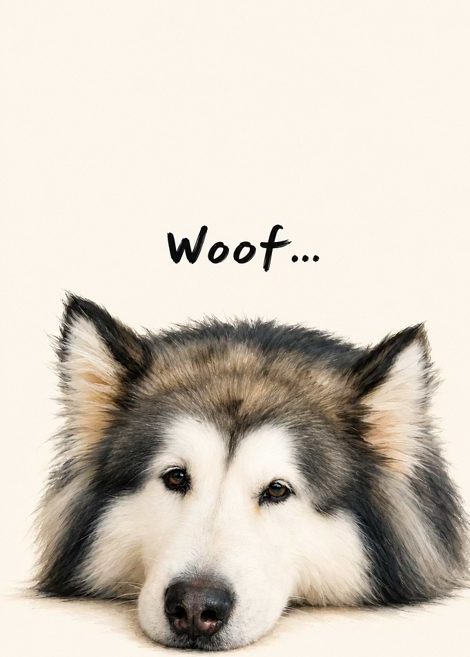 Sad Dog with Woof Text