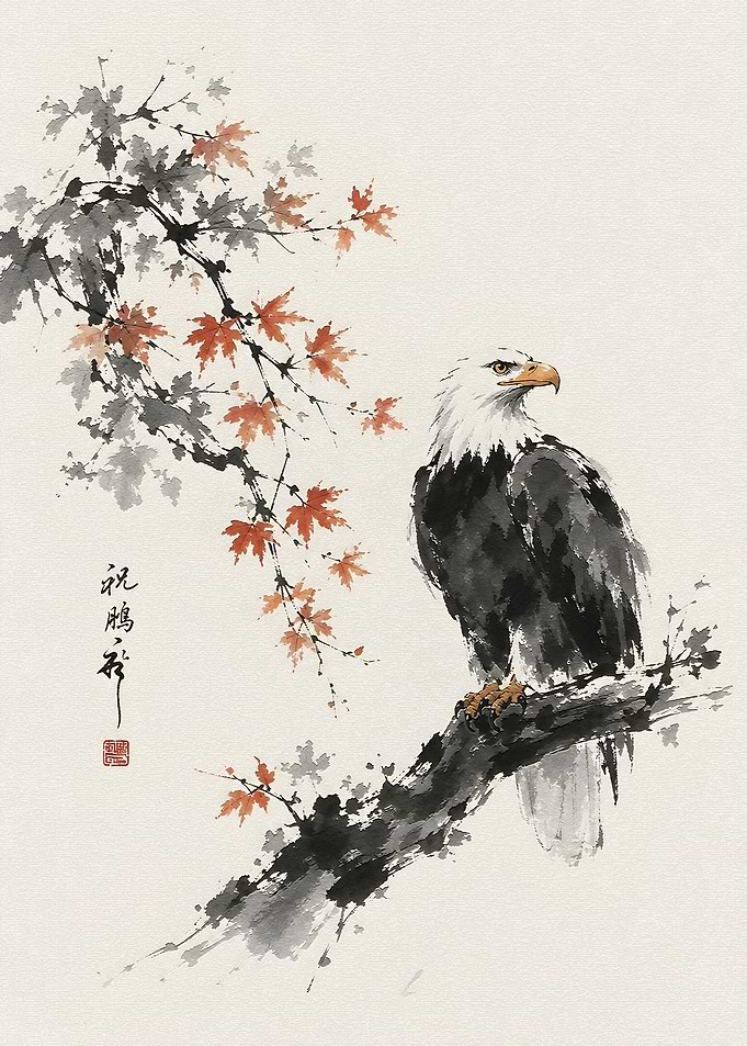 Eagle on a Branch with Maple Leaves