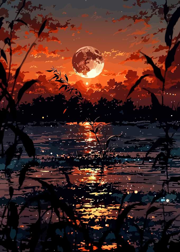 Sunset Moonlit Lake with Silhouetted Plants