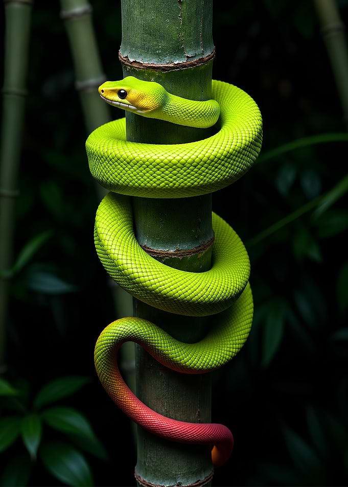 Vibrant Emerald Tree Snake on Bamboo - Neon Wildlife Wall Art