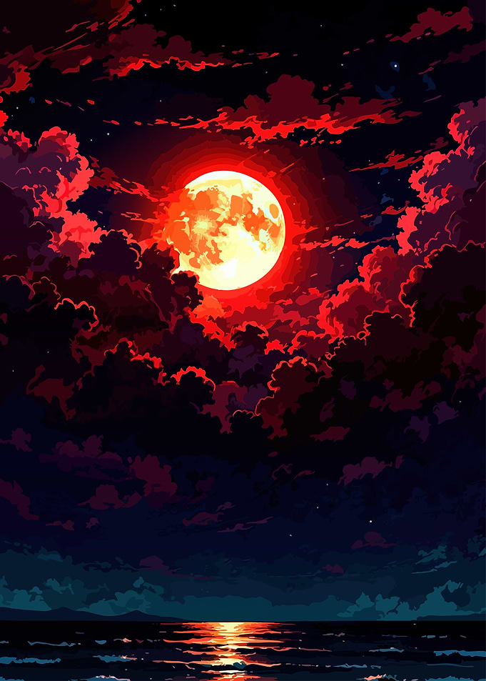 Crimson Moon Over Ocean