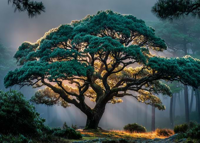 Majestic Ancient Tree in Misty Forest