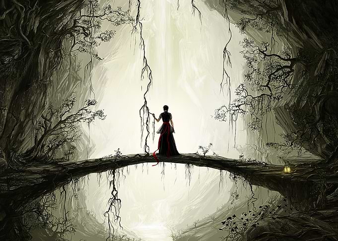 Woman on a fantasy bridge in a mystical forest