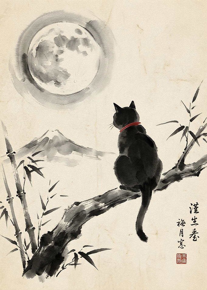 Black Cat Gazing at the Moon