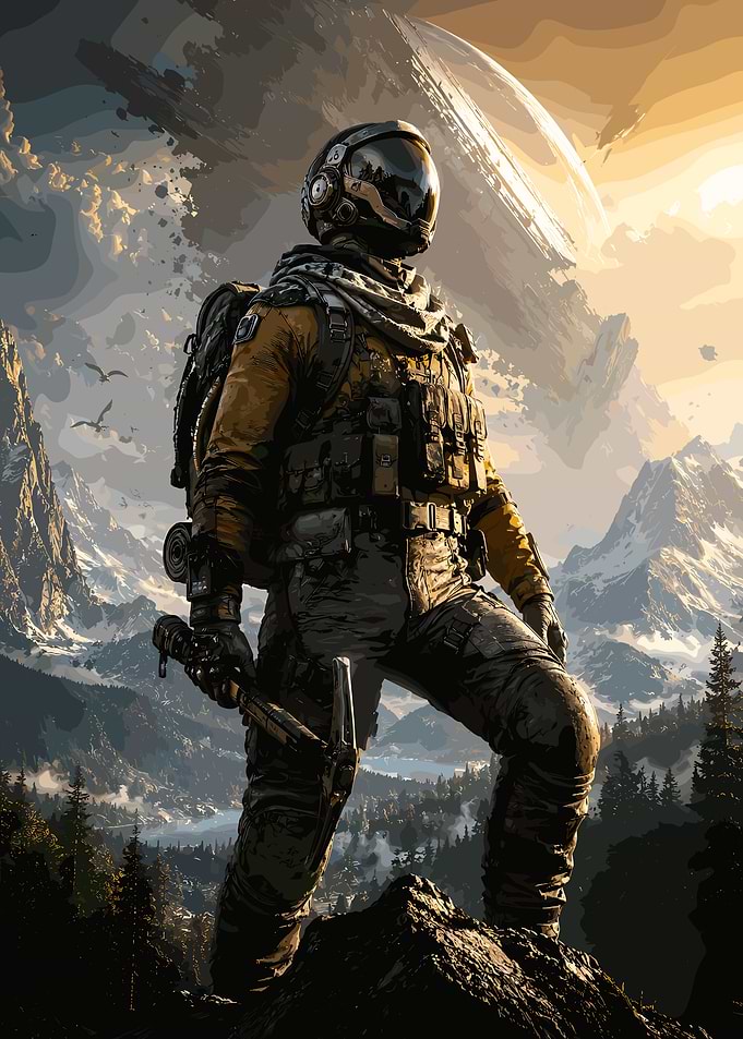 Astronaut exploring a mountainous alien planet