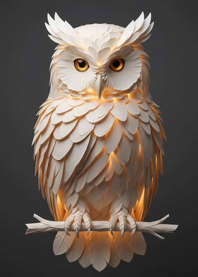 Paper Owl Sculpture with Warm Lighting