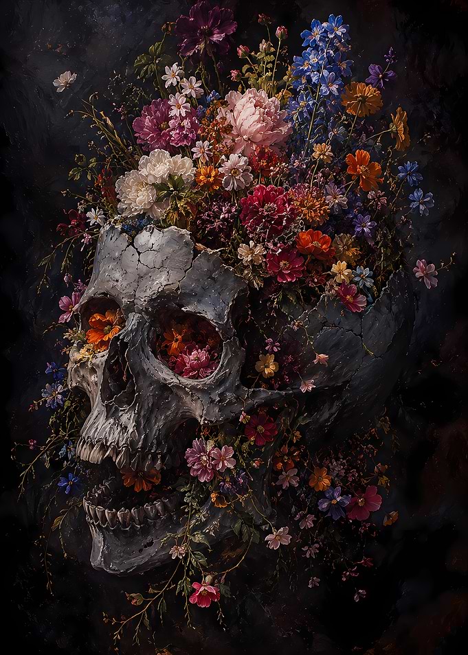 Skull overflowing with flowers