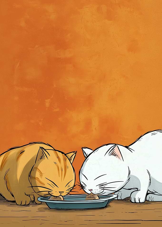 Two cats eating from a bowl