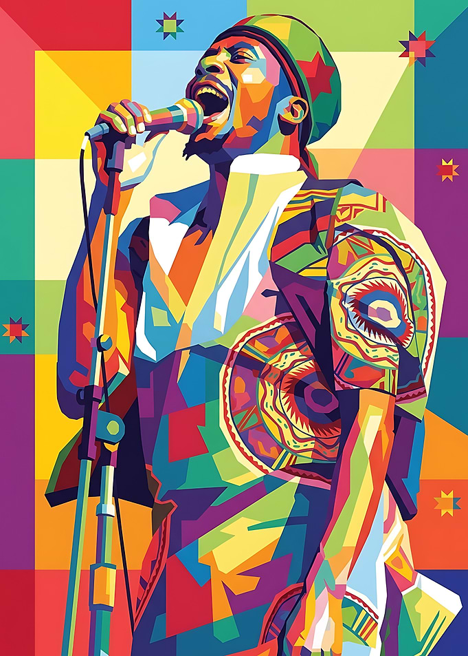 A jimmy cliff sings in a colorful WPAP style.