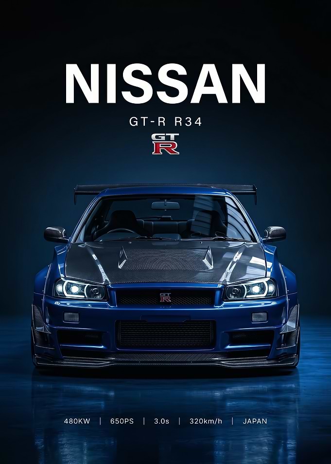 blue angry Nissan GT-R R34 sleek car Poster