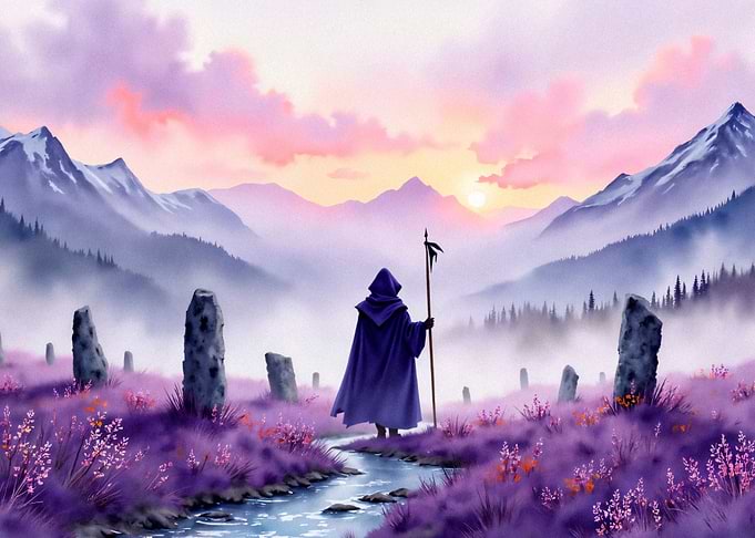 Mysterious figure in a purple cloak at sunrise