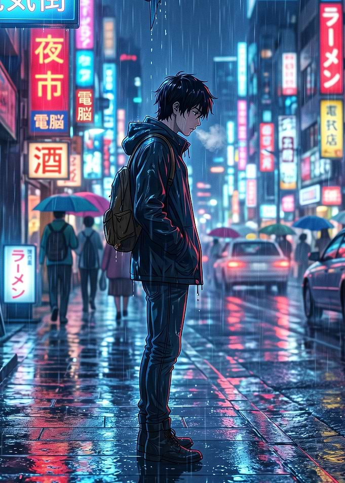 Anime boy in rainy city
