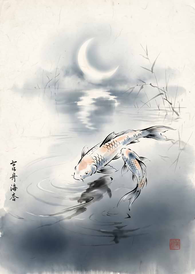 Koi Fish Under the Moon