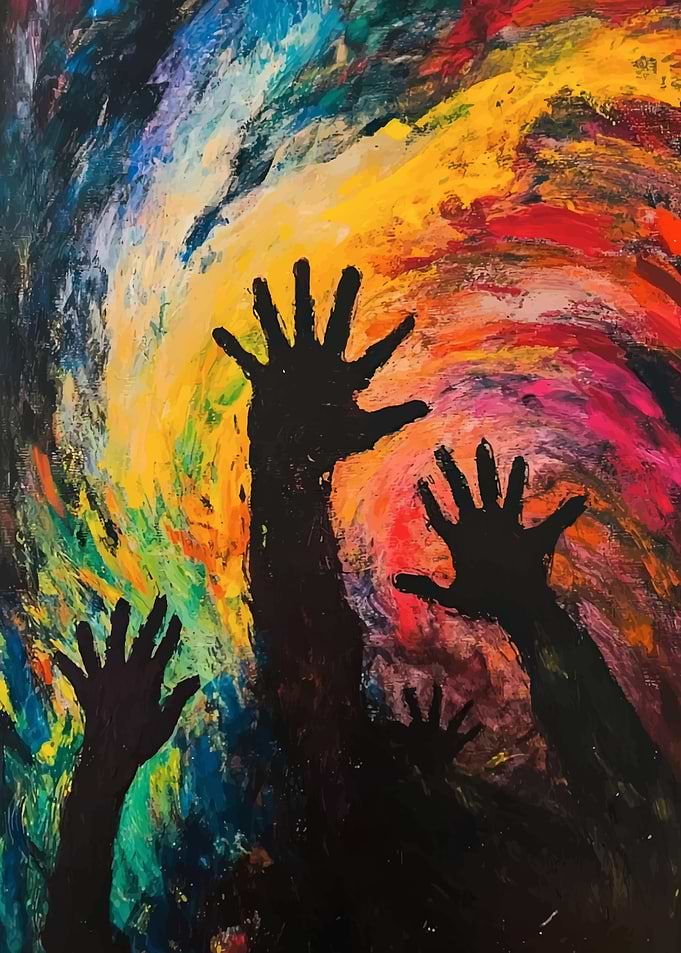 Abstract Hands Reaching in Swirling Colors